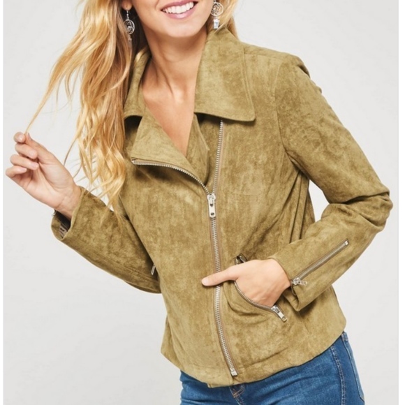 Jackets & Blazers - Faux Suede Moto Jacket in Olive Front Zippered